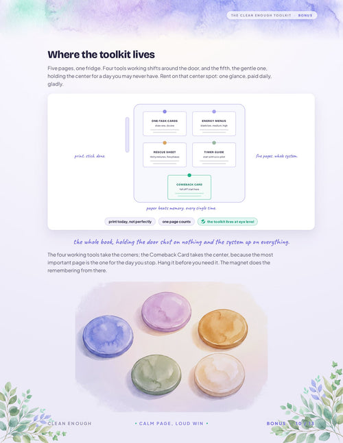 The toolkit fridge overview: five tools, colored magnets
