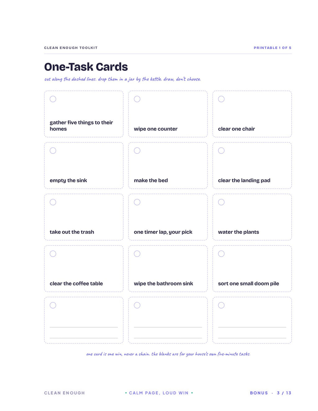 Printable One-Task Cards sheet with 15 cuttable cards