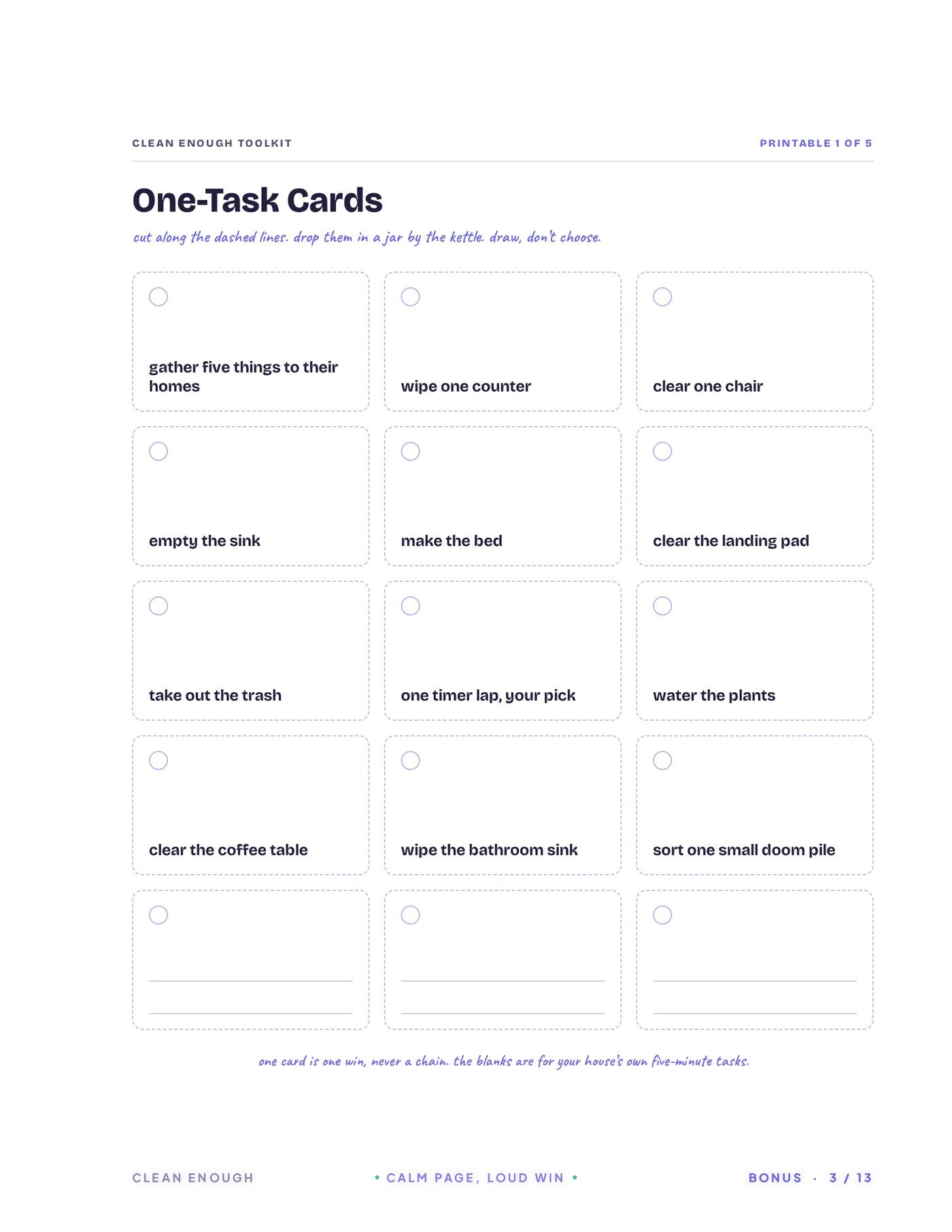 Printable One-Task Cards sheet with 15 cuttable cards