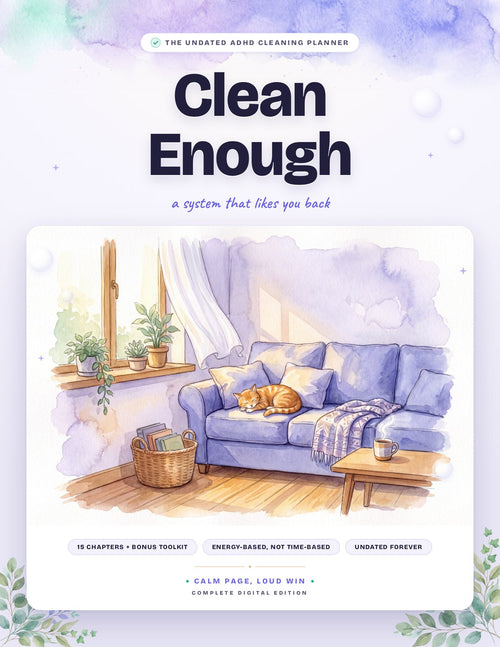 Clean Enough: The Undated ADHD Cleaning Planner ebook cover with watercolor living room and sleeping cat