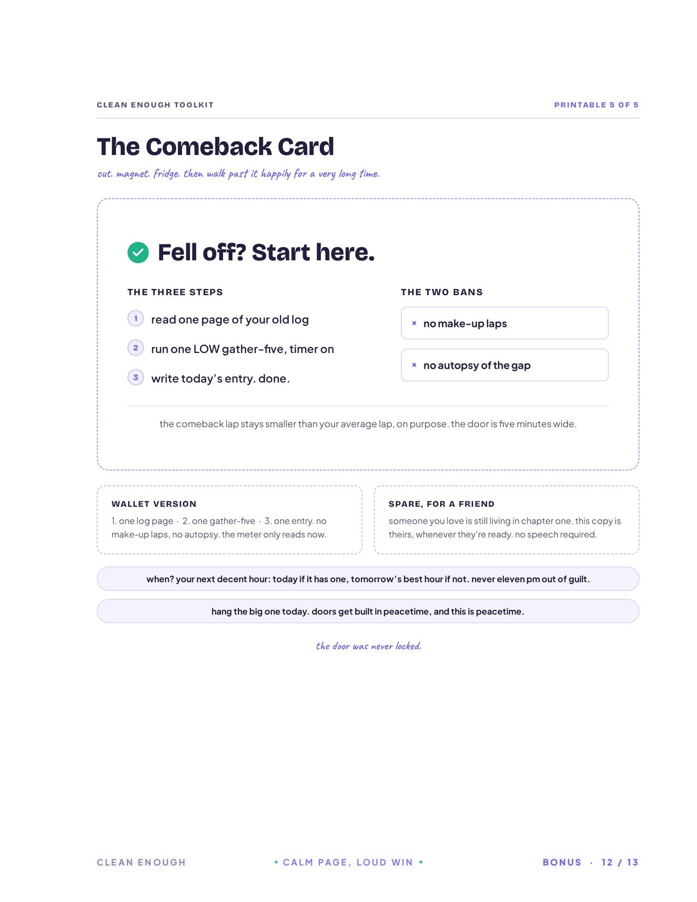 Printable Comeback Card for the fridge with wallet version