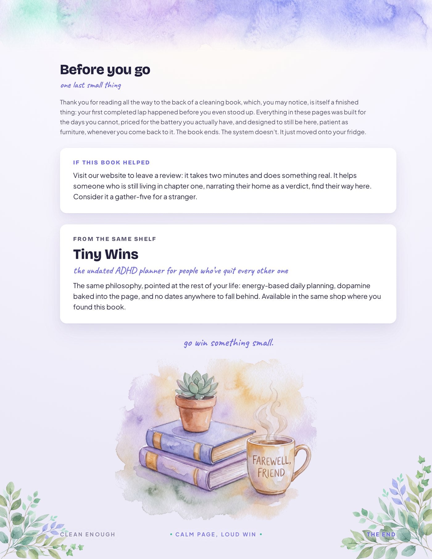 Back page with review invitation and Tiny Wins cross-sell