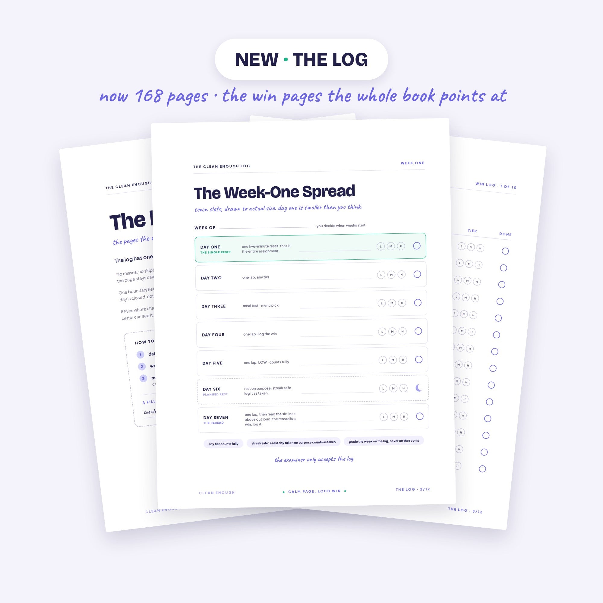 New: The Log · 12 wins-only log pages now bound into the book · now 168 pages