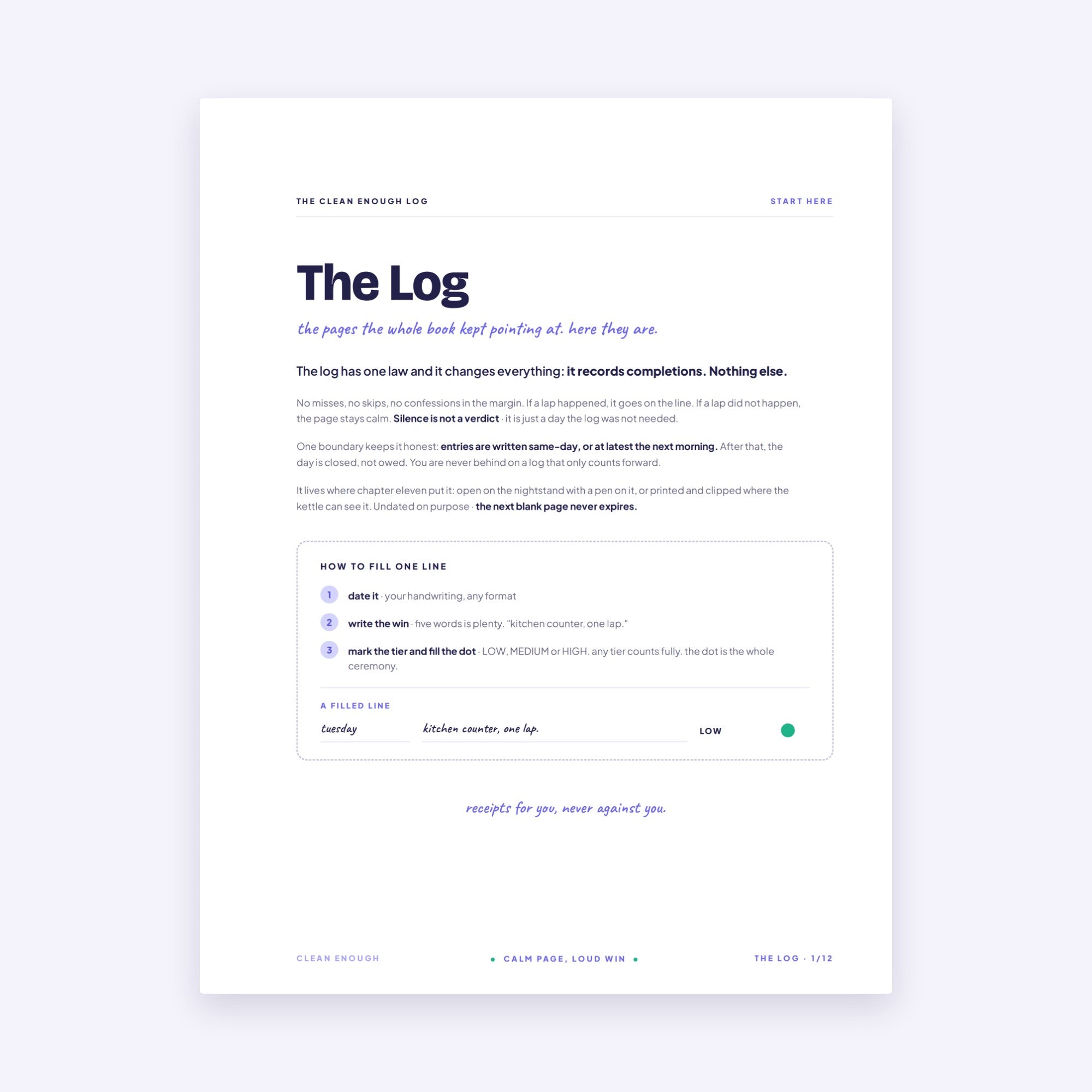 The Log opener page: the one-law rule and how to fill one line