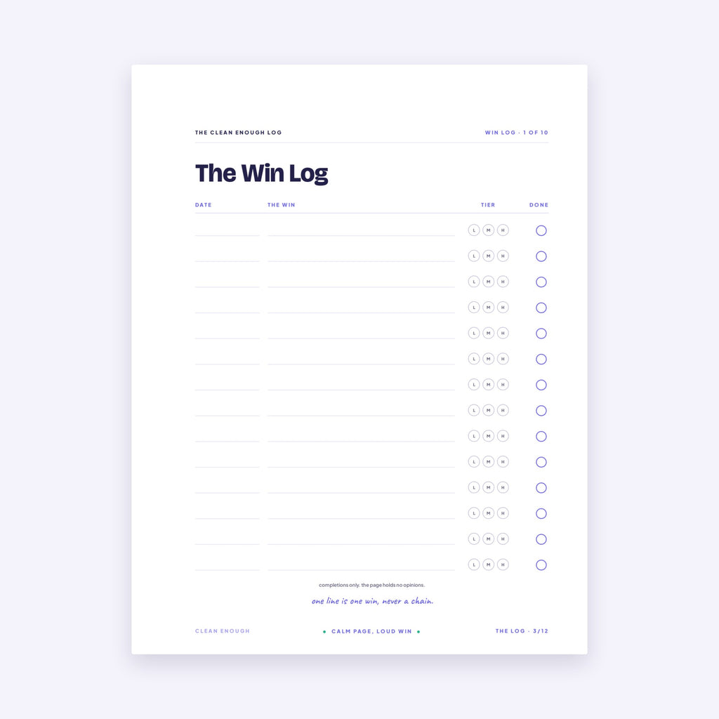The Win Log page: date, the win, tier, done · ten undated pages